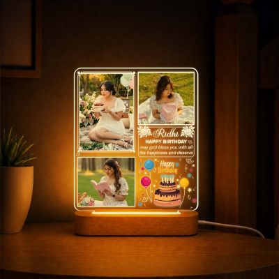 Personalized Photo Night Light with Wooden Base – Custom 3-Photo Acrylic LED Lamp with Name Birthday Gift for Her, Wife, Girlfriend, Daughter, Best Friend